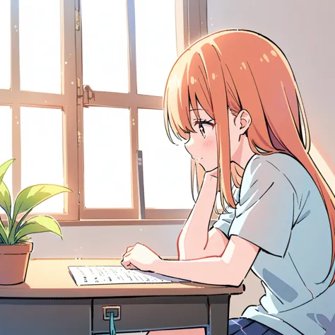 girl studying、window、simple design、