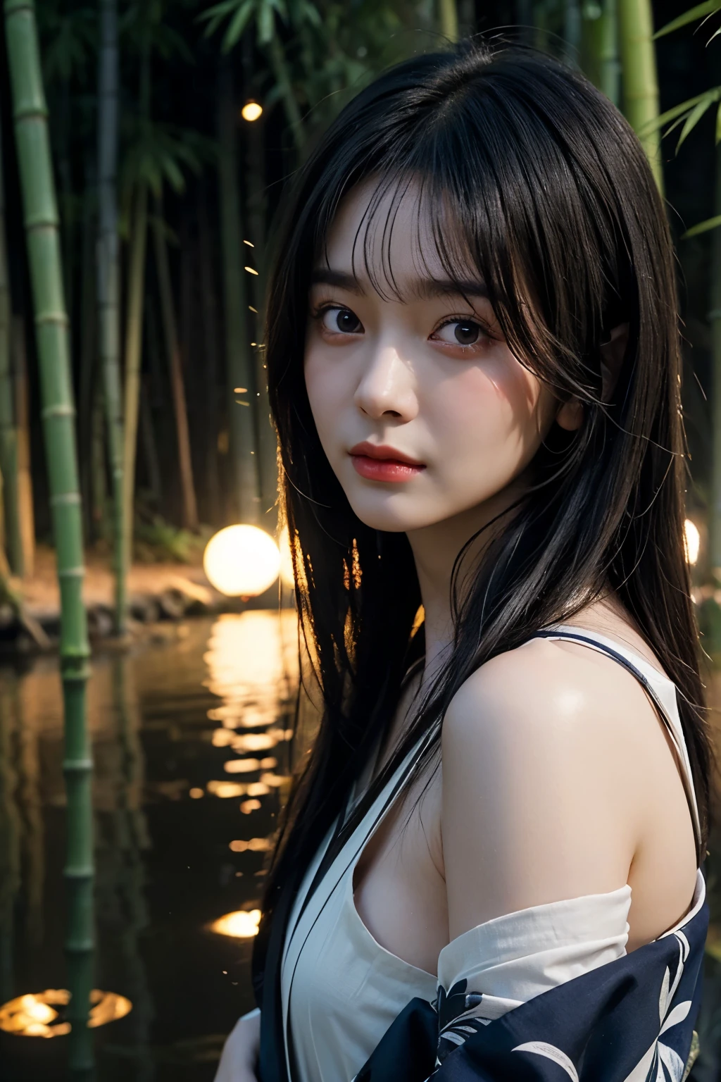 realistic, photogenic, very dark night, bamboo forest, moonlight is reflected in the pond, wearing Kimono, exposed nape and shoulder, face is looking up above the sky, the full moon is shining small and high up above her head, beautiful long black hair, hair is blowing in the wind, hair is shaggy and dishevelled, beautiful white translucent skin, slendar figure, no makeup, sad expression, slight tears in her eyes, shot from diagonal far, angle looking down from her above