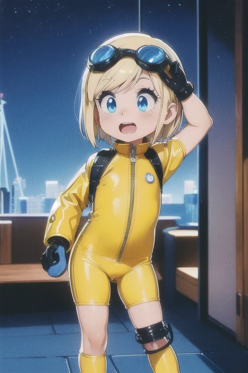 corona,a very young child,small,blonde,Surprised face,retro artstyle,One Girl,Put goggles on your head,Bobcut,Prosthetic arm,prosthetic limb,Wear a tight-fitting yellow space suit,Future City,The vast universe seen from the window,1980s \(style\),Pussy,cute,beauttiful stars々,Wet crotch,Turn your ass towards me