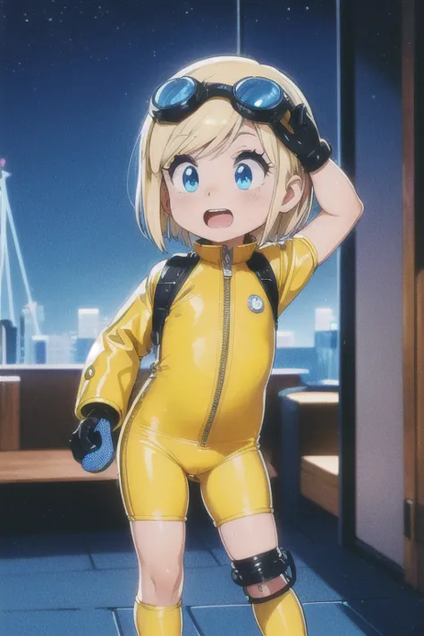 corona,a very young child,small,blonde,Surprised face,retro artstyle,One Girl,Put goggles on your head,Bobcut,Prosthetic arm,prosthetic limb,Wear a tight-fitting yellow space suit,Future City,The vast universe seen from the window,1980s \(style\),Pussy,cute,beauttiful stars々,Wet crotch,Turn your ass towards me