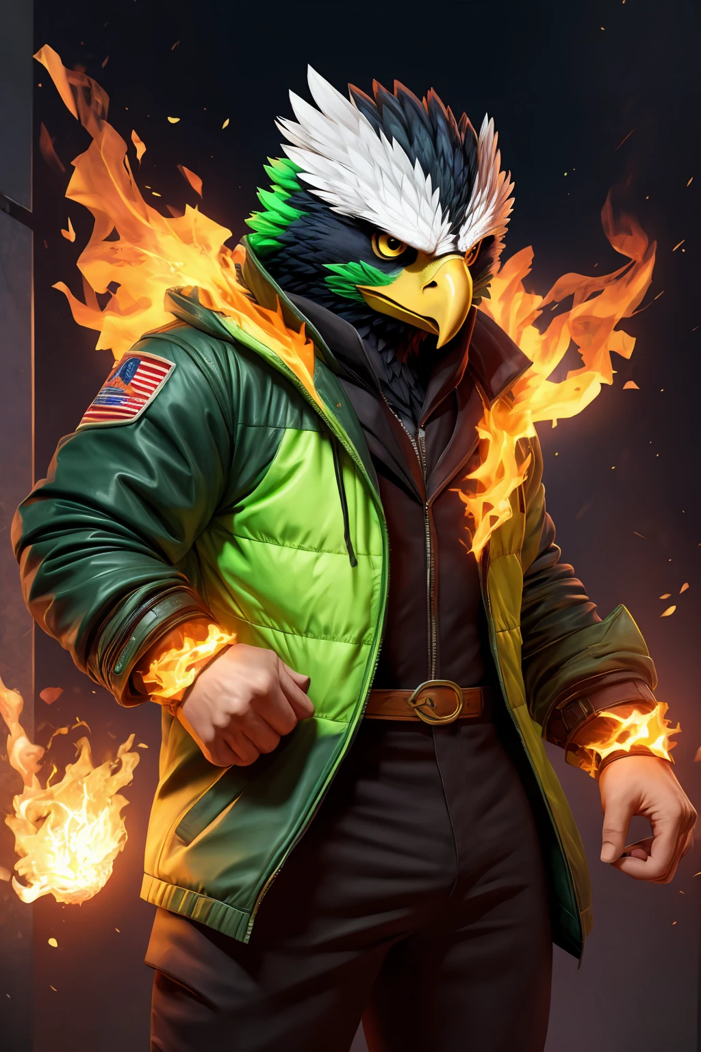 offcial art, Unity 8k papel de parede, ultra detaild, bonitas, Eagle man with anthropomorphic aura of fire verde ,neon verde eagle mask, with black jacket, with ring, with an angry face,Bblack hair ,fluffly, cute, shorty, kawaii, drawing 2