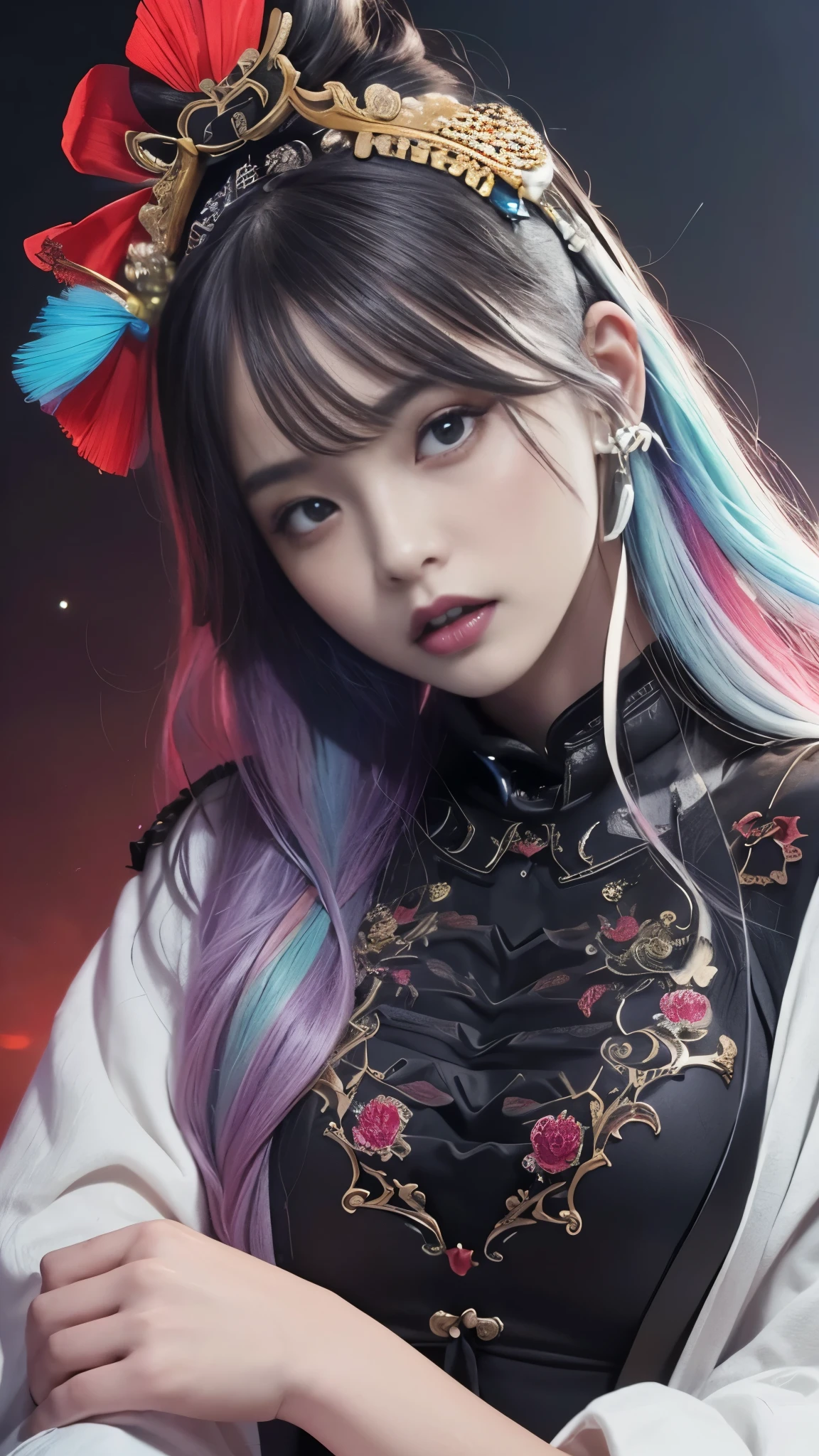 (masterpiece, Highest quality, Highest quality, Highest Resolution、Official Art, beautifully、aesthetic:1.2),  Very detailed,colorful,Most detailed,night、深night、Degrees of Freedom:1.8、8k、Anatomically correct , (Shiny skin), (Many colors:1.4), beautiful、Japanese、ancient China、Onmyoji、Small waist:1.3、Realistic textured face and skin、(Perfect Anatomy)、beautiful、Detailed eyes、Rainbow Hair、realism、Realistic、Photorealistic、Raw photo、超A high  resolution  、SLR、Octane Rendering、Absurd、unrealistic、Surreal、Dynamic、Red Effect、thrilling、thunderstorm、call、inflammation、magic、Black lip、Black lipstick、Pale face、