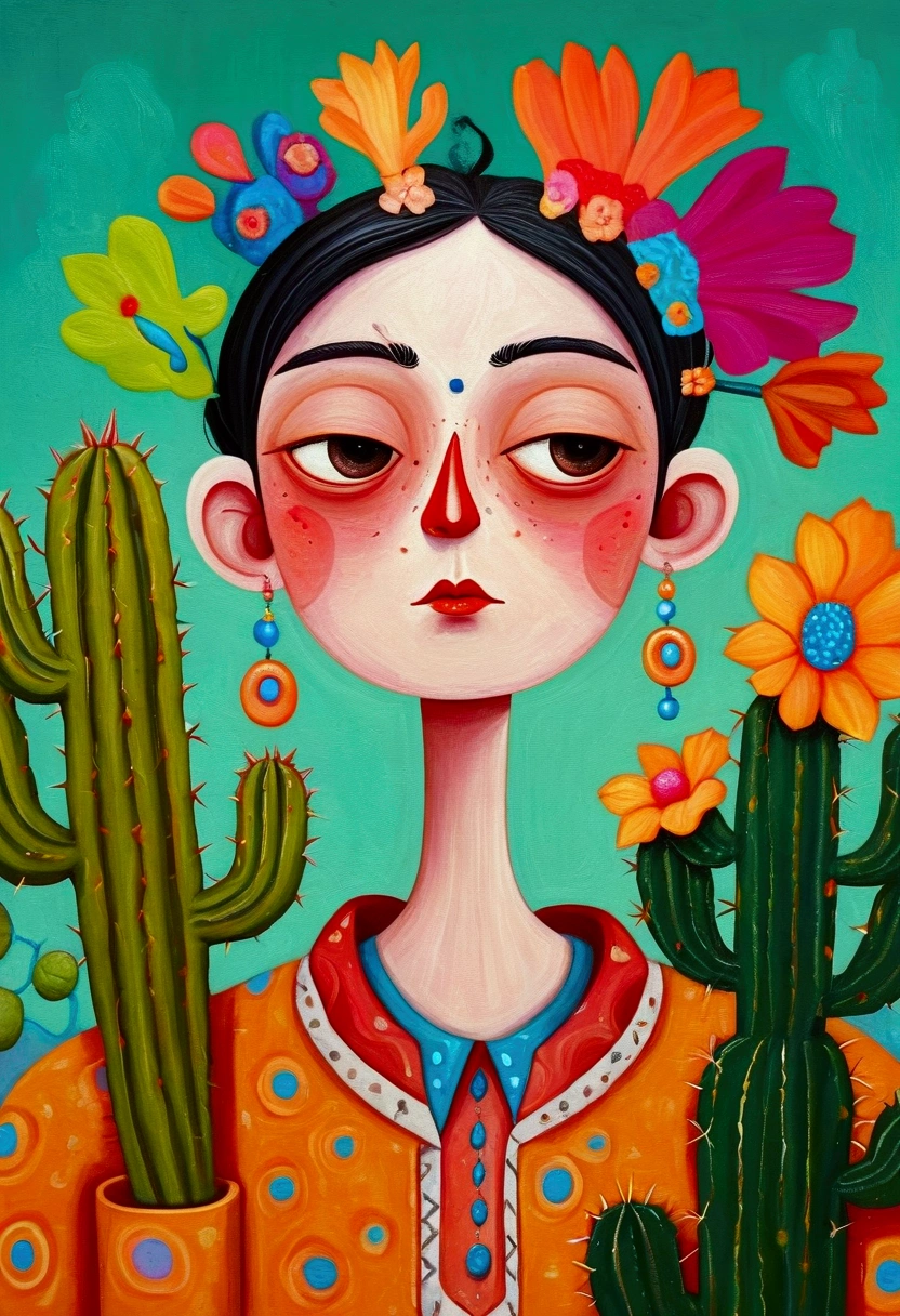 painting of a man with a cactus head and a colorful shirt, anthropomorphic cactus, inspired by Victor Brauner, the non-binary deity of spring, inspired by Ron English, hylics artwork, pop surrealism, a surrealist painting, surreal painting, whimsical surrealism, cactus and pearls over the head, pop - surrealism, neo - impressionist surrealism