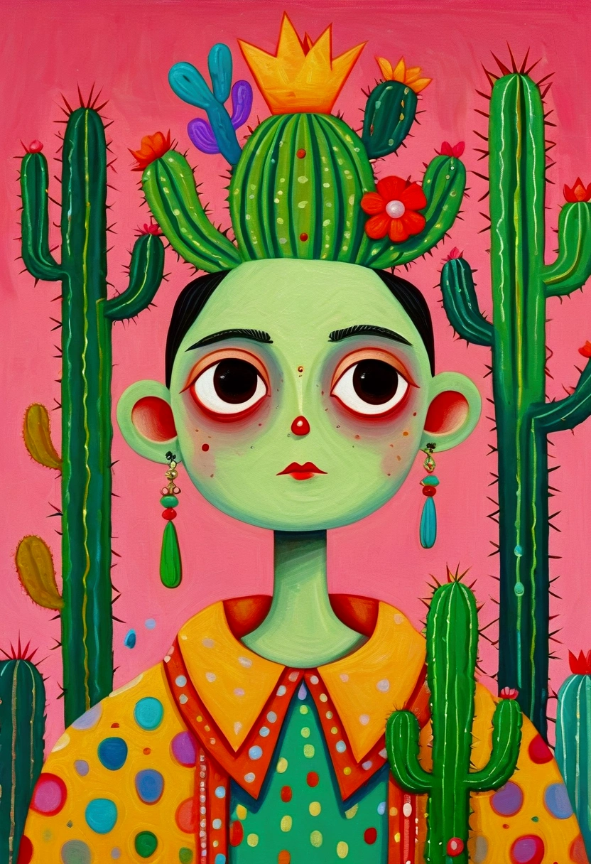 painting of a man with a cactus head and a colorful shirt, anthropomorphic cactus, inspired by Victor Brauner, the non-binary deity of spring, inspired by Ron English, hylics artwork, pop surrealism, a surrealist painting, surreal painting, whimsical surrealism, cactus and pearls over the head, pop - surrealism, neo - impressionist surrealism