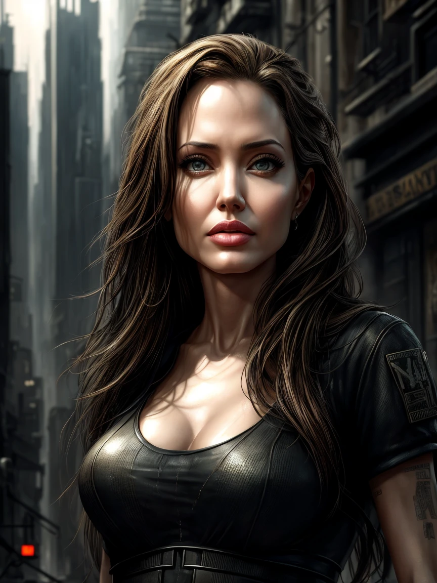 Hyper-realistic photo of Angelina Jolie, work of art, best qualityer, (photorrealistic:1.4), Create dystopian work of arts. Depict the cityscape in the gritty style of the game&#39;s concept art. This work should evoke a feeling of abandonment and despair in a futuristic setting..., Post-apocalyptic world. Notice the intricacies of the details, the sharp focus.