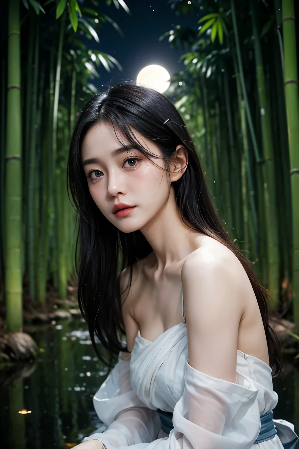 realistic, photogenic, very dark night, bamboo forest, moonlight is reflected in the clear pond, wearing only white Japanese Hada-Juban, exposed nape/shoulder/chest, face is looking up above the sky, the full moon is shining small and high up above her head, extremely brightly lit by moonlight only around her, beautiful long black hair, hair is blowing in the wind, hair is shaggy and dishevelled, beautiful white translucent skin, slendar figure, no makeup,  slightly young face, sad expression, tears in her eyes, shot from diagonal far, angle looking down from her above