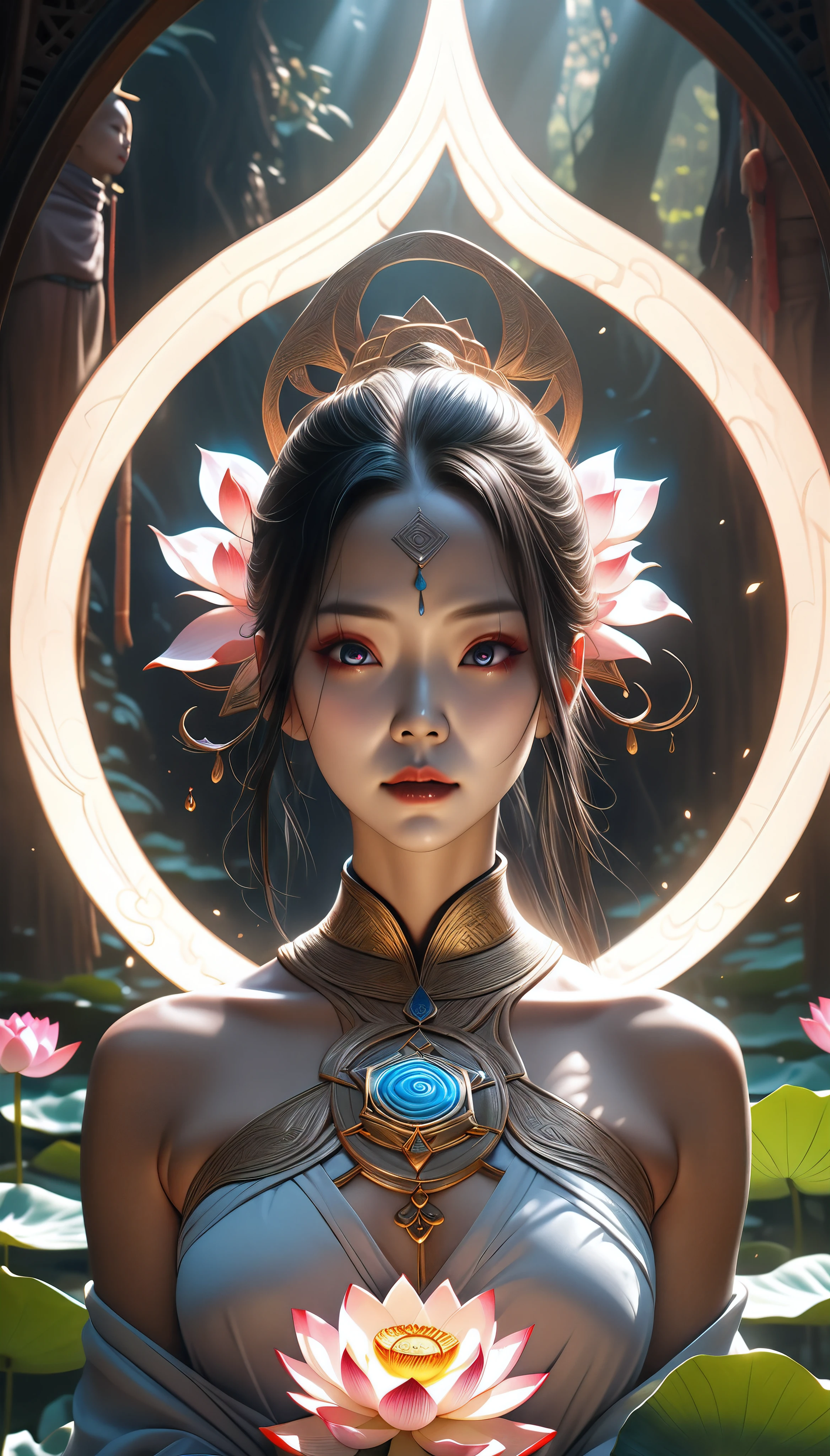 a horrific hungry ghost and a beautiful lotus flower in an aesthetic fusion, a scene of purification illuminated by pure light, a contrast between an attractive female monk and a horrific hungry ghost portrayed artistically in fantastic art, (best quality,4k,8k,highres,masterpiece:1.2),ultra-detailed,(realistic,photorealistic,photo-realistic:1.37),fantasy,highly detailed,intricate,dramatic lighting,vibrant colors,cinematic composition,mystical,spiritual,sacred geometry,ethereal,glowing,divine,serene,sublime,lush flora,dramatic shadows,atmospheric,evocative,meditative,transcendent