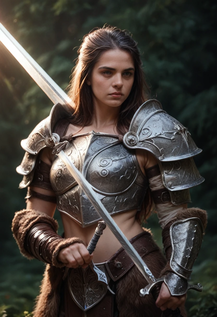 A beautiful barbarian woman in fur armor, holding a sword, detailed face, intricate fur textures, detailed sword, detailed armor, dramatic lighting, epic fantasy, cinematic, highly detailed, 8k, photorealistic, masterpiece