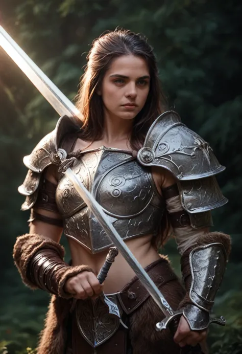 a beautiful barbarian woman in fur armor, holding a sword, detailed face, intricate fur textures, detailed sword, detailed armor...