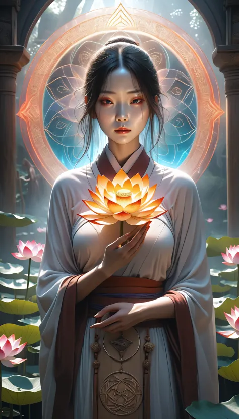 a horrific hungry ghost and a beautiful lotus flower in an aesthetic fusion, a scene of purification illuminated by pure light, ...