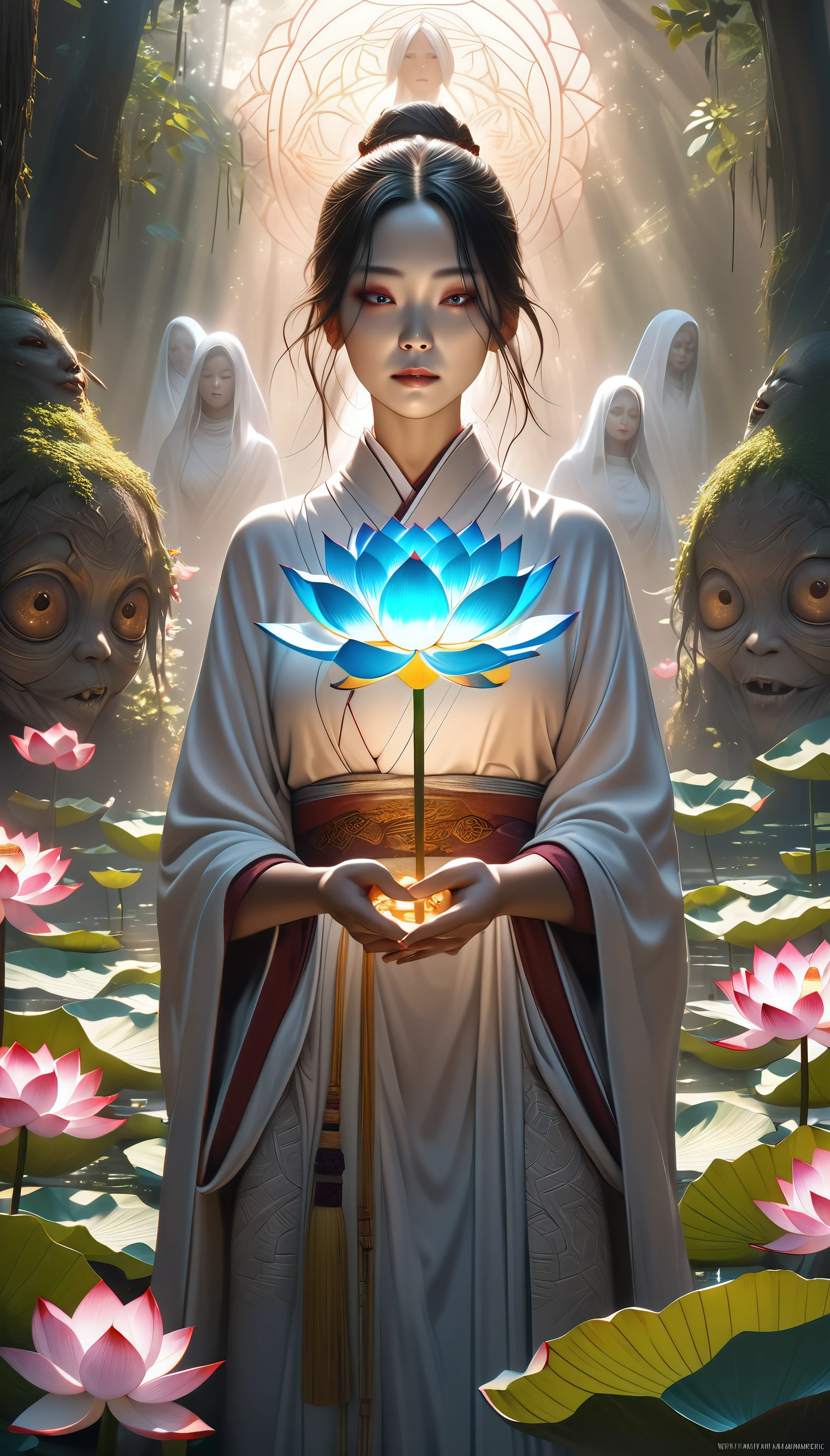 a horrific hungry ghost and a beautiful lotus flower in an aesthetic fusion, a scene of purification illuminated by pure light, a contrast between an attractive female monk and a horrific hungry ghost portrayed artistically in fantastic art, (best quality,4k,8k,highres,masterpiece:1.2),ultra-detailed,(realistic,photorealistic,photo-realistic:1.37),fantasy,highly detailed,intricate,dramatic lighting,vibrant colors,cinematic composition,mystical,spiritual,sacred geometry,ethereal,glowing,divine,serene,sublime,lush flora,dramatic shadows,atmospheric,evocative,meditative,transcendent