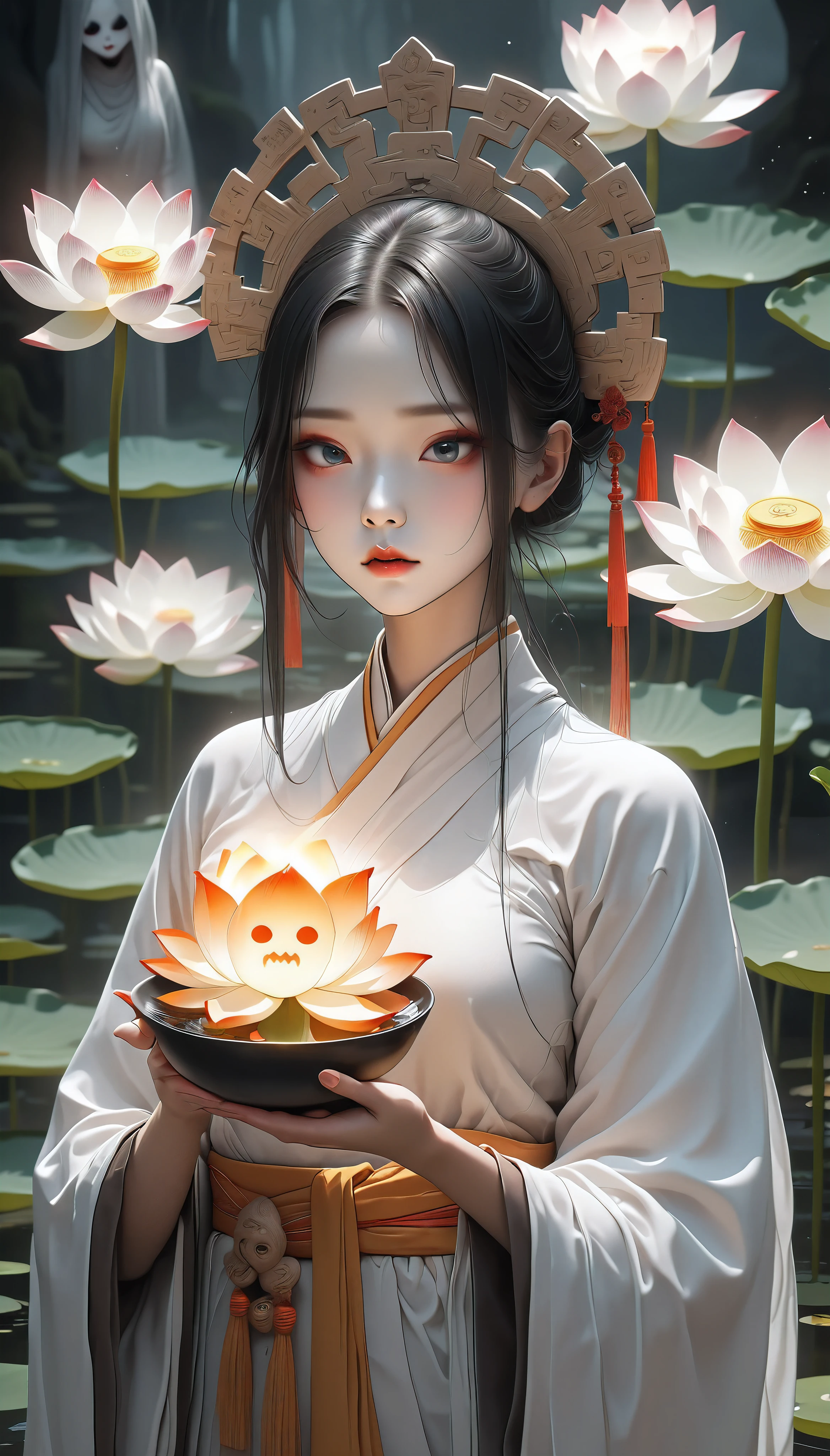 Generated in SFW, Browsing Caution, An aesthetic fusion of a horrifying hungry ghost and a beautiful lotus flower, A scene of being purified by pure light, BREAK Artistic expression of the contrast between the attractive female monk after purification and the hideous hungry ghost, Fantastic Art, Browsing Caution,