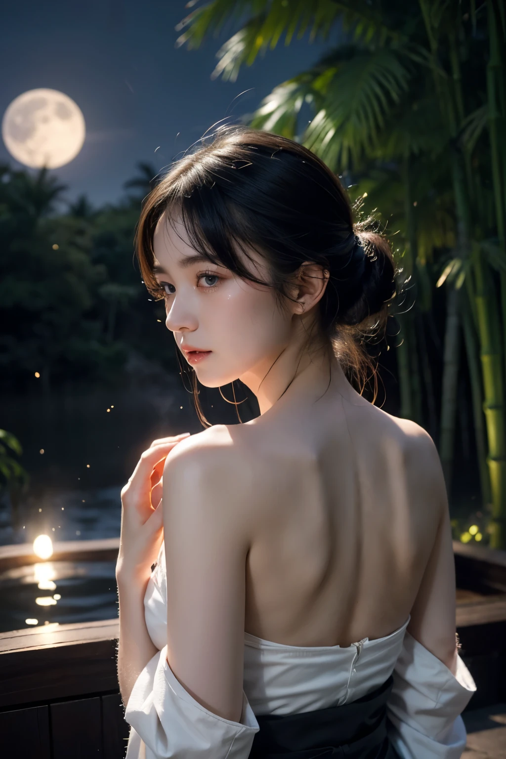 realistic, photogenic, very dark night, bamboo forest under the moonlight, moon is reflected on the hot spring, large steam is rising around, wearing only white tube-top style "sarashi" Japanese under-kimono, exposed nape/shoulder/chest, moon is shining small high above, extremely brightly lit by moonlight, beautiful short black hair, hair is blowing in the wind, hair is shaggy and dishevelled, beautiful white translucent skin, slendar figure, no makeup, sad expression, tears in her eyes, hands on chest to hide chest, shot from her back side