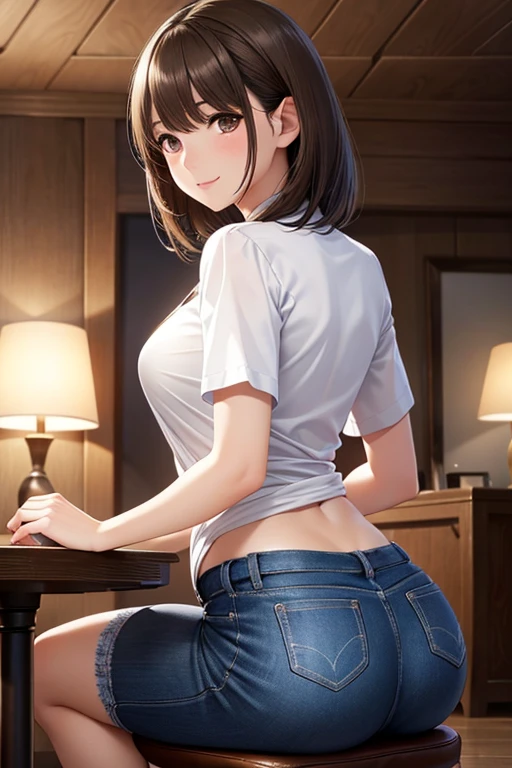 anegasaki nene、Shiny brown hair, short hair, (Beautiful brown eyes、Sparkling eyes, Fine grain)、smile、Ultra-detailed eyes、Highly detailed face, Highly detailed eyes,Cowboy Shot、



(high quality, High resolution, The finer details), 
(masterpiece:1.2, 最high quality), (Realistic, photoRealistic:1.4),8k,wallpaper,(Written boundary depth),(Sophisticated lighting:1.1),(Improving cinematic lighting quality:0.9),
A woman wearing a miniskirt and a shirt is sitting on a chair。.,Buckshot,Photo from behind,Shapely butt,Big Ass,Rear View,Photo from behind,(((The background is indoor)))
