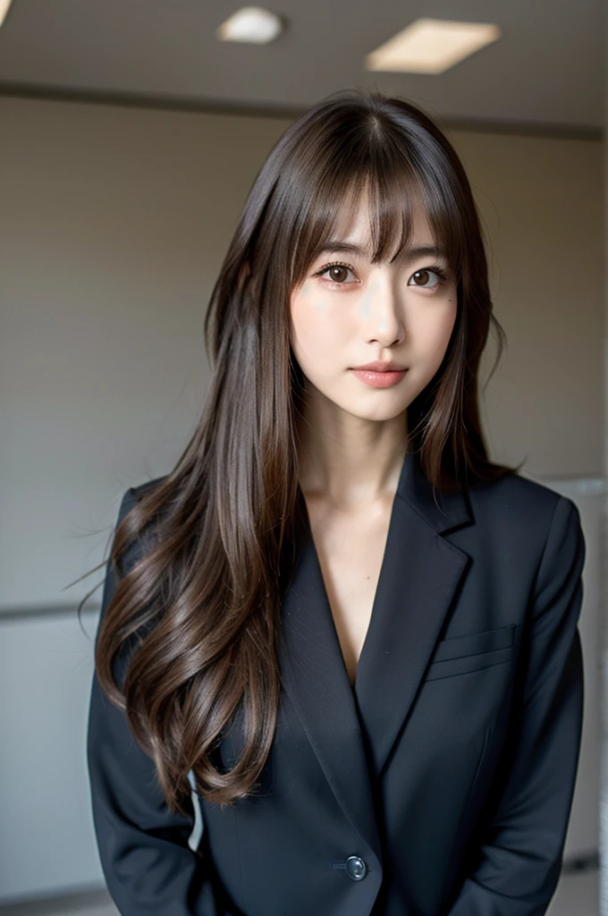 (masterpiece:1.3), (best quality:1.1), (8k, ultra detailed, ultra high res:1.1), perfect anatomy, kawaii, 
1girl, 
BREAK long hair, brown hair, asymmetry bangs, swept bangs, 
black eyes,
(business suit, black suit:1.1), 
BREAK front facing, 
standing, upper body, 
simple background, 