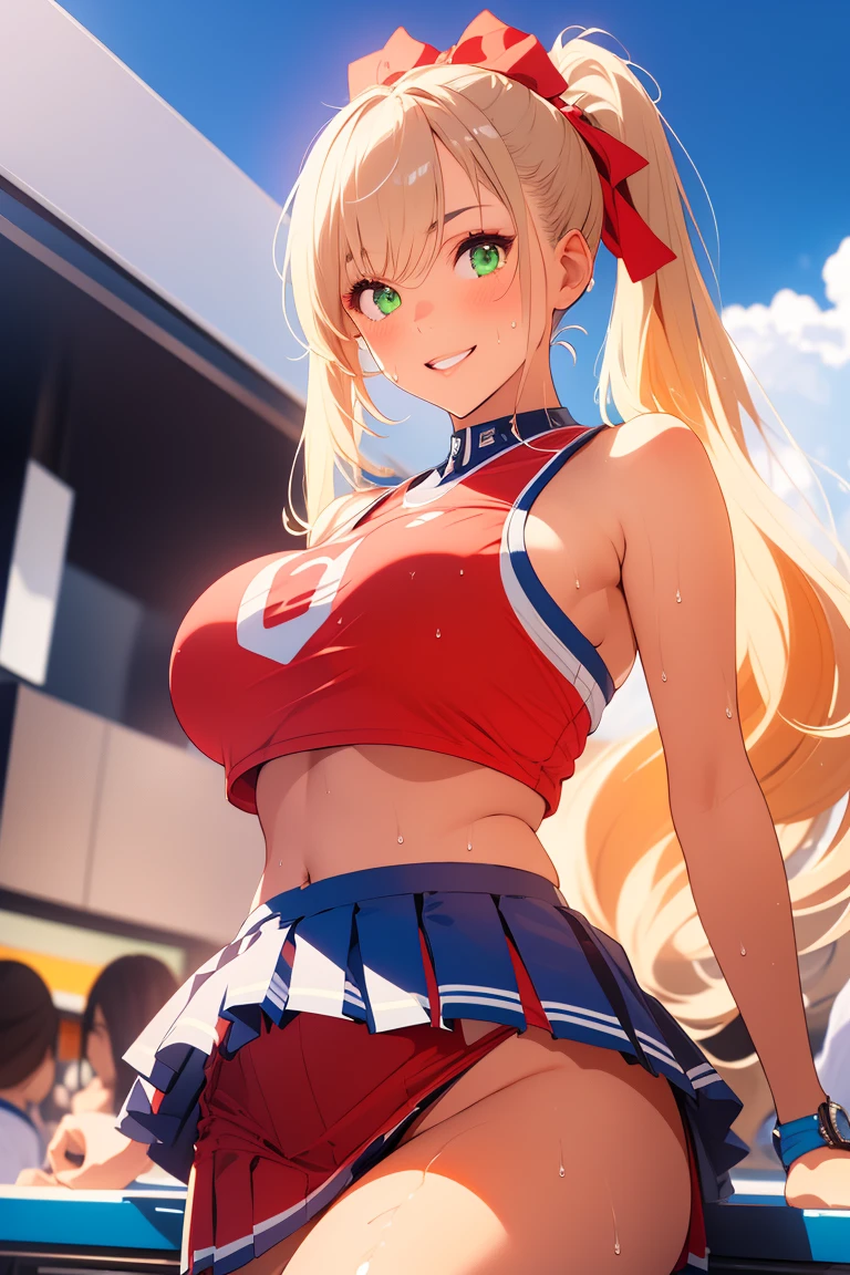 8k, cowboy shot, visual anime of a cute girl, best anime girl, Ecchi anime style, BREAK, seductive lady, (((long blonde hair, shiny hair, two long pigtails,  using a red ribbon in the hair in each ponytail))), detailed eyes and face, Defined tabs, eyeshadow, crystal clear eyes, detailed lips, beautiful detailed eyes,  ojos color azul claro big breasts, tits, voluptuous, light visible, BREAK,   green eyes, by rubio, long shiny hair, big breasts, High resolution, beautiful detailed eyes, extremely detailed face, good lighting, Detailed CG, bright lips, BREAK, (((wearing a cheerleading uniform))), ((white pleated miniskirt with red edges)), red top with white, uncovered sleeves, red and white pompoms, erect nipples,  wet between the legs, wet on the breasts,  red panties, sweaty skin, in dynamic pose, smiling seductively at the viewer,  round butt, buttocks, turned,  BREAK, Smooth texture, thighs, feminine curves, perfect anatomy, facing the viewer with a seductive smile, sweaty skin, raising one leg, BREAK,  in a football stadium during the day,  blue sky, White clouds, green grass sun rays on the girl. 