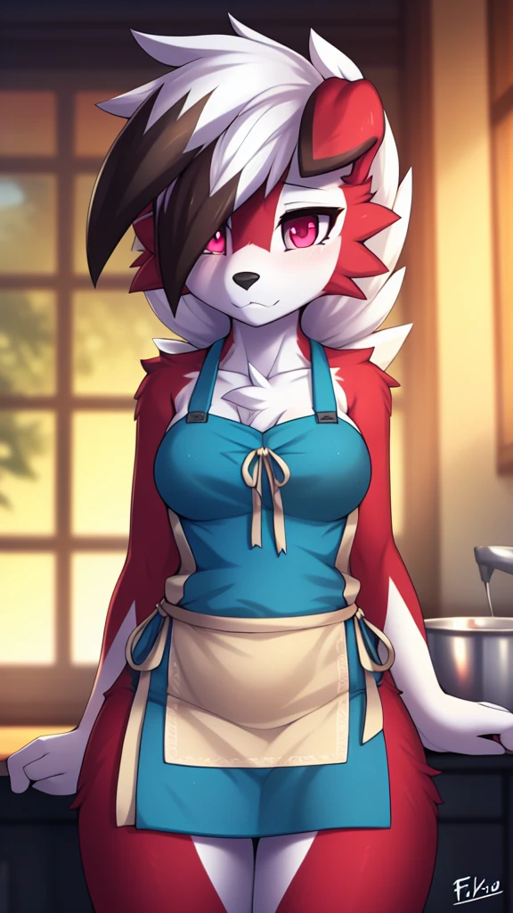 By zinfyu,by twistedscarlet60, uploaded on pixiv, by fluff-kevlar, (masterpiece), (best quality), (solo female:1.2), (extremely detailed:1.3),(detailed eye,black circle on eye,pink eye),BREAK, lycanroc midnight, Front view, view on viewer, close view, shy face, half body on potrait, only body and head, close view, wearing cooking apron, medium breast, focus on face, in home,slim,standing