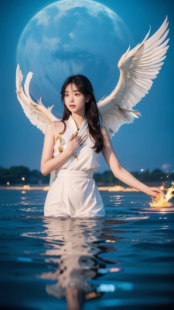 A beautiful Chinese girl standing on the water, misty reflection, a huge phoenix divine bird in the sky, magic, fantasy, dynamic posture, composed of colorful glowing flames, delicate face, delicate eyes, long black and golden hair, wearing amber and sky blue Hanfu, delicate and intricate patterns, ink painting, golden bronzing, epic composition, soft shadows, Clean sharp focus, cinematography, center composition, poster design, film photography, Panorama, 32K --v 6