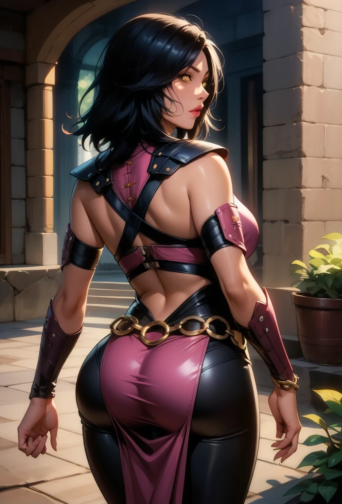 perfect eyes:1.2, detailed eyes:1.4, Mileenamk10, Mileena, black hair, medium hair, yellow eyes, slit pupils, glowing eyes, lips, exposed cheek, extra teeth, hair over one eye, pink top, o-ring, stitched, leather armor, tight black pants, pelvic curtain, sash, chain belt, cowboy shot, 1girl, solo, (masterpiece:1.6, best quality), 8k, insane details, intricate details, hyperdetailed, hyper quality, high detail, ultra detailed, professional, HDR, ray tracing reflection, cinematic lighting,