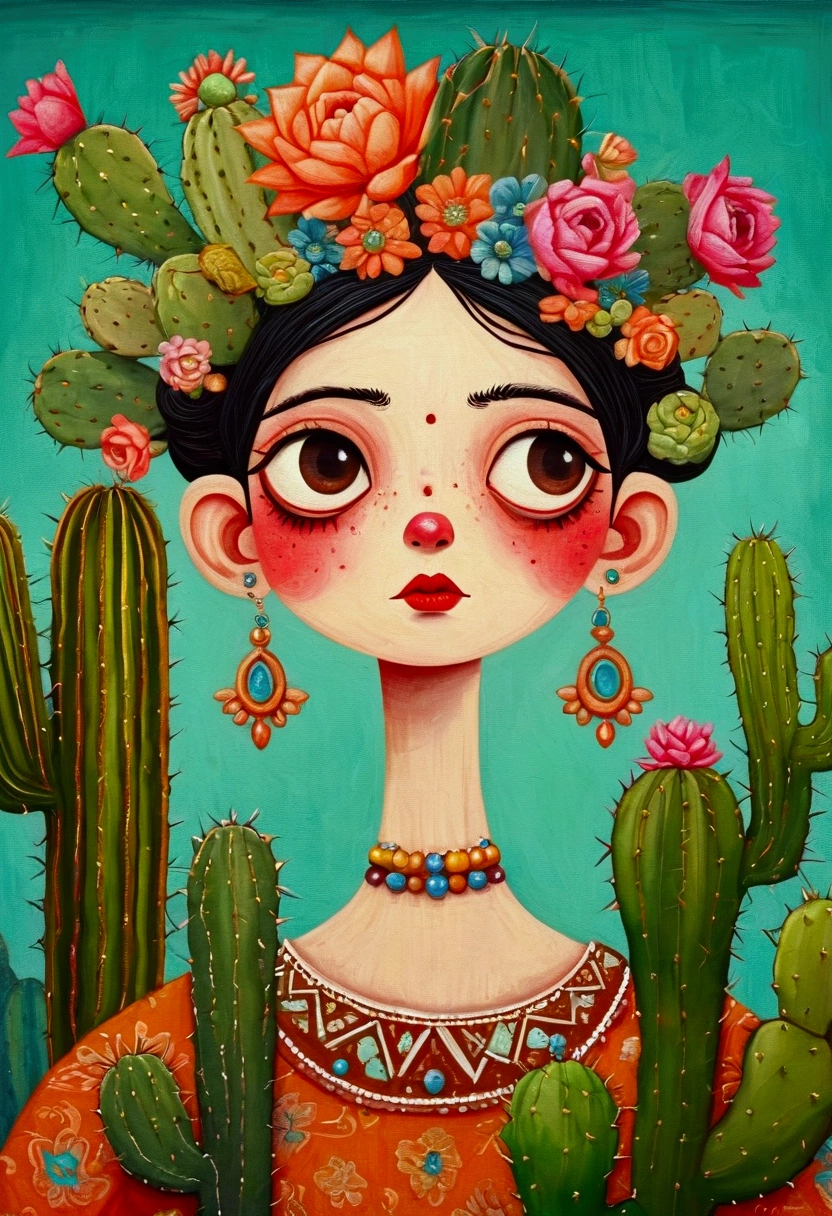 painting of a woman with a cactus head and a cactus plant on her head, anthropomorphic cactus, cactus and pearls over the head, inspired by Kahlo, painting by android jones, inspired by Federico Uribe, inspired by Arcimboldo, inspired by Giuseppe Arcimboldo, arte lowbrow style, mexican folk art