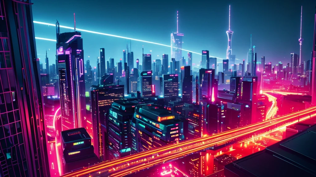 a futuristic city at night,neon lights,big moon,aerial view,anime style,cinematic lighting,dramatic shadows,glowing buildings,floating vehicles,advanced architecture,dynamic cityscape,vibrant colors,neon signs,moody atmosphere