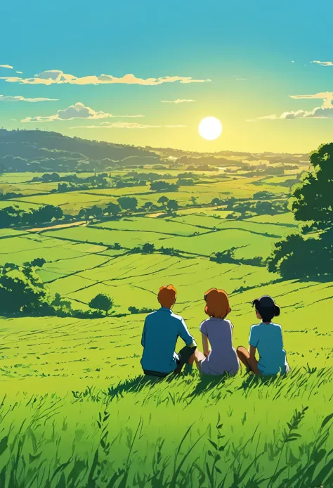 draw a simple tintin style art of a couple sitting in a field, shadows anime nature, anime nature wallpaper, animated background...