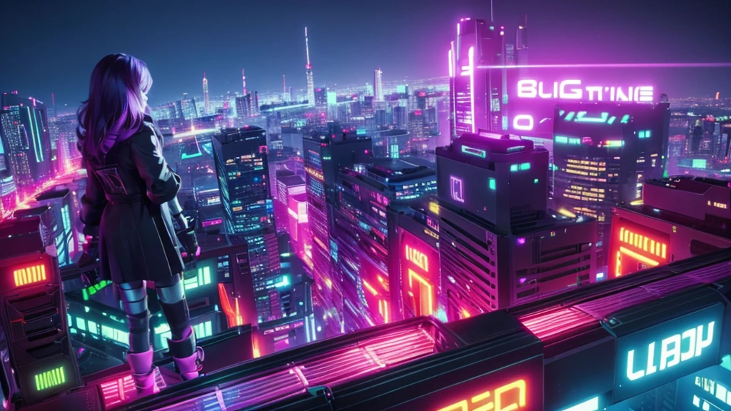 a futuristic city at night,neon lights,big moon,aerial view,anime style,cinematic lighting,dramatic shadows,glowing buildings,floating vehicles,advanced architecture,dynamic cityscape,vibrant colors,neon signs,moody atmosphere,girl dress the black with the hair purple walking