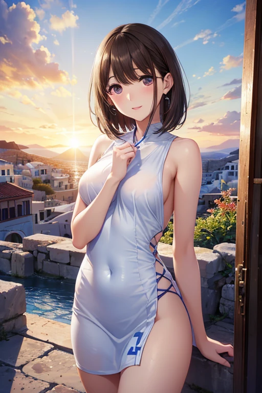 anegasaki nene、Shiny brown hair, short hair, (Beautiful brown eyes、Sparkling eyes, Fine grain)、smile、Ultra-detailed eyes、Very detailed顔, Very detailed目,Cowboy Shot、

nsfw、
 (Greece:1.3), sunset, (photograph), Greece海島的海濱別墅, A faint smile, slim, Thin limbs, Exposing shoulders, ((Sleeveless tight black mini dress,Bodycon mini dress))、Small pendant、
  (Beautiful and delicate eyes, Beautiful and delicate lips, Very detailed目と顔:1.3), Seductive woman posing, Bright colors, Warm colors, Soft Light, (Highest quality, 4K, High resolution, masterpiece:1.2), (Very detailed, High Dynamic Range, Bright colors), (landscape, Concept Artist), Japanese Manga, Hojo Style, Overclocked Renderer, CG Art, (Detailed Background)