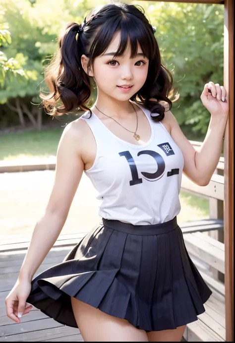 (Highest quality,masterpiece:1.3,Ultra-high resolution),(Very detailed、Caustics) (Realistic:1.4, RAW shooting、)Ultra-Realistic Capture、Very detailed、Natural skin texture、masterpiece、(A Japanese elementary school girl wearing an alphabet-patterned sleeveless T-shirt and skirt:1.3)、The wind is blowing her skirt up、Adorable expression、Expressions of happiness、、height: 140cm、Baby Face、Pure girl、Amazingly cute、Twin tail hairstyle、Curly Hair、ribbon、Black Hair、Large Breasts、Shining thighs、Shining ass、necklace、Photos taken in Miyakojima、Background details、smile、An inviting gaze、(Anatomically correct)、Cowboy Shot、Attention to detail、