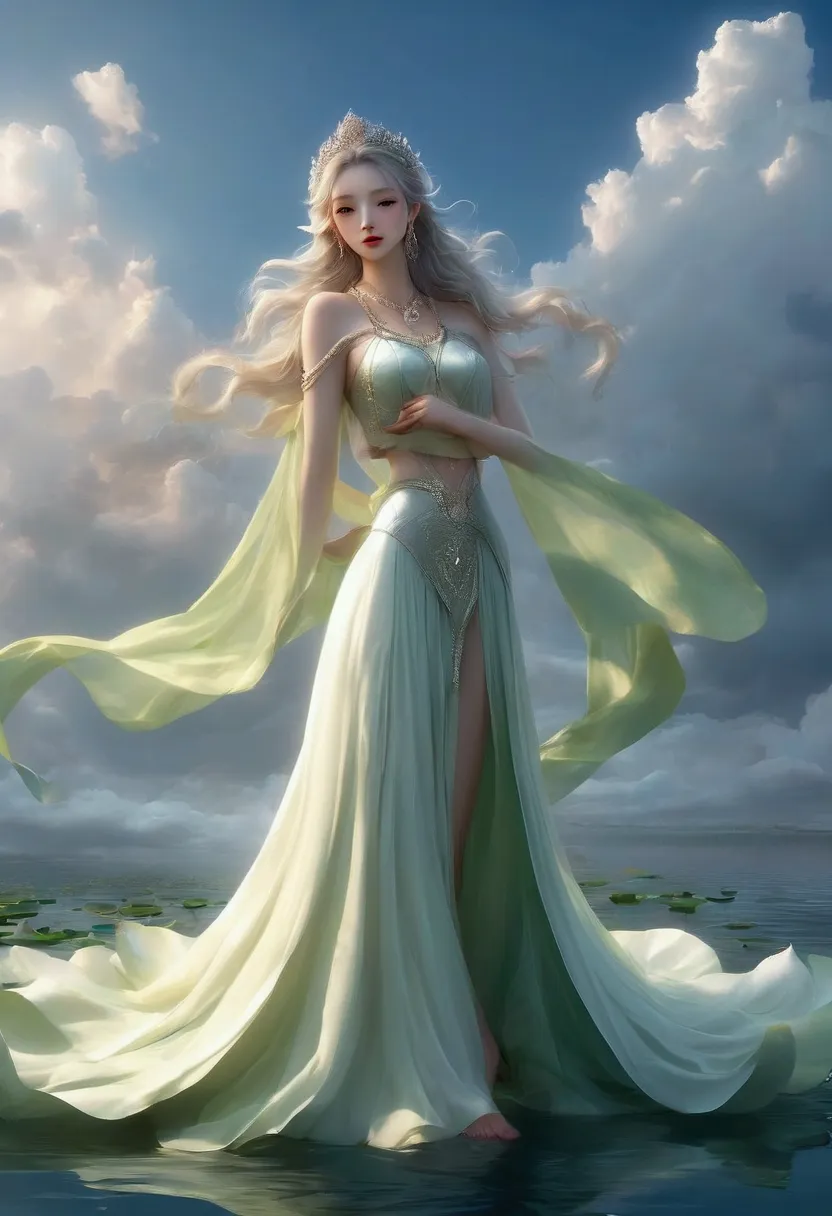 (((beautiful goddess)))，standing barefoot on a large lotus in the water，（（（the skin is green））），hand seal，crown，necklace，yingluo...