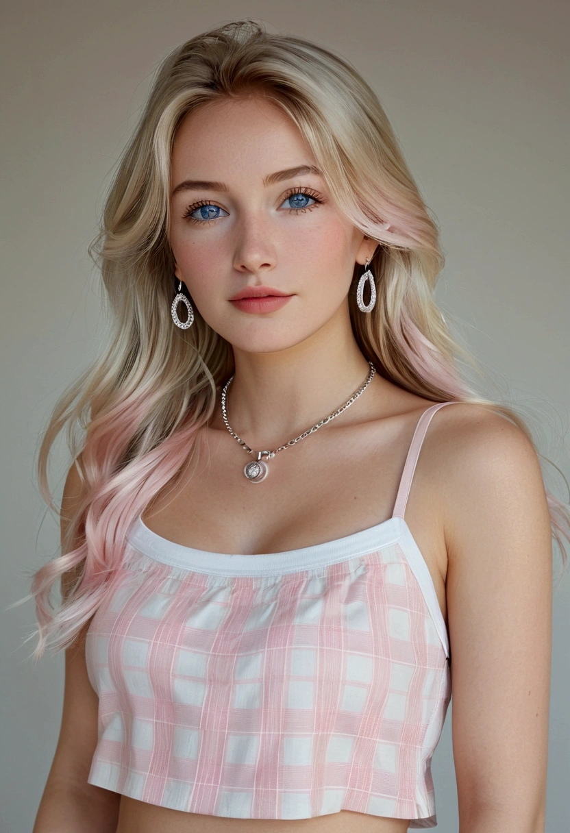 1 young woman, but it looks like it&#39;s 15. Rich girl style. Russian. Light blonde hair with white highlights, smooth and shoulder length. Blue-gray eyes. fleshy lips. Wears silver hoop earrings. Wears a silver necklace. small and firm breasts. Wears Pandora style bracelets on her wrists.
She is wearing a short plaid skirt, glued and white with pink. Wear a blouse with straps, short and white. Has a long belly button piercing. Wears white and baby pink New Balance sneakers. Wears a silver ankle bracelet. photo by full body.