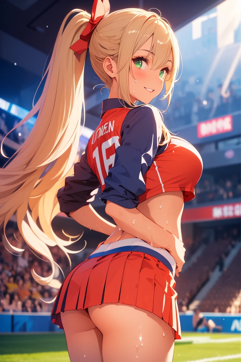 8k, cowboy shot, visual anime of a cute girl, best anime girl, Ecchi anime style, BREAK, seductive lady, (((long blonde hair, shiny hair, two long pigtails,  using a red ribbon in the hair in each ponytail))), detailed eyes and face, Defined tabs, eyeshadow, crystal clear eyes, detailed lips, beautiful detailed eyes,  ojos color azul claro big breasts, tits, voluptuous, light visible, BREAK,   green eyes, by rubio, long shiny hair, big breasts, High resolution, beautiful detailed eyes, extremely detailed face, good lighting, Detailed CG, bright lips, BREAK, (((wearing a cheerleading uniform))), ((white pleated miniskirt with red edges)), red top with white, uncovered sleeves, red and white pompoms, erect nipples,  wet between the legs, wet on the breasts,  red panties, sweaty skin, in dynamic pose, smiling seductively at the viewer,  round butt, buttocks, turned,  BREAK, Smooth texture, thighs, feminine curves, perfect anatomy, Round tight ass and small crotch, Beautiful leg lines:1.3, thick thighs, Slim your waist, to look behind, ((Leaning forward)), view from behind, sweaty skin, BREAK,  in a football stadium during the day,  blue sky, White clouds, green grass sun rays on the girl. 