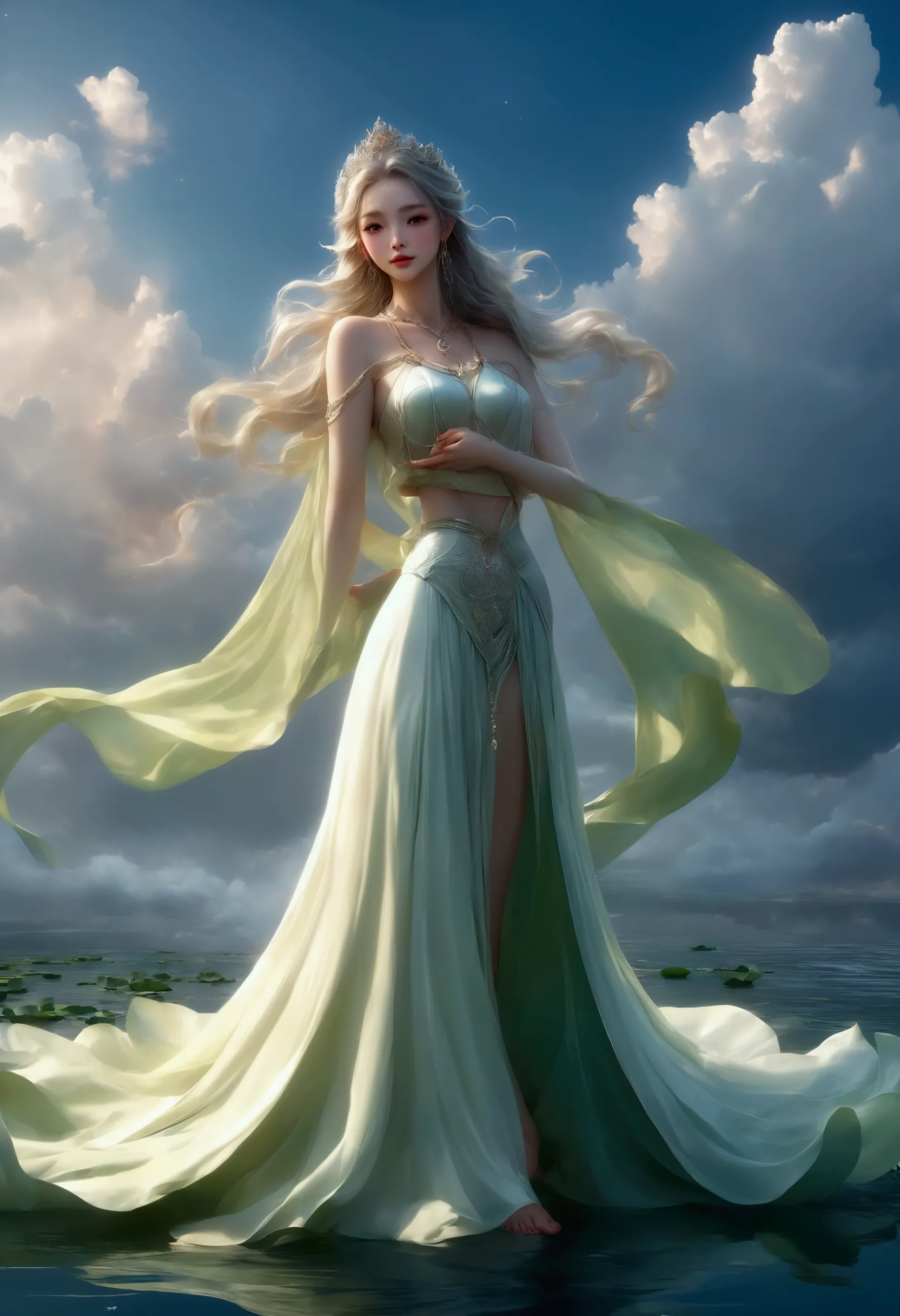 (((beautiful goddess)))，standing barefoot on a large lotus in the water，（（（the skin is green））），hand seal，crown，necklace，yingluo...