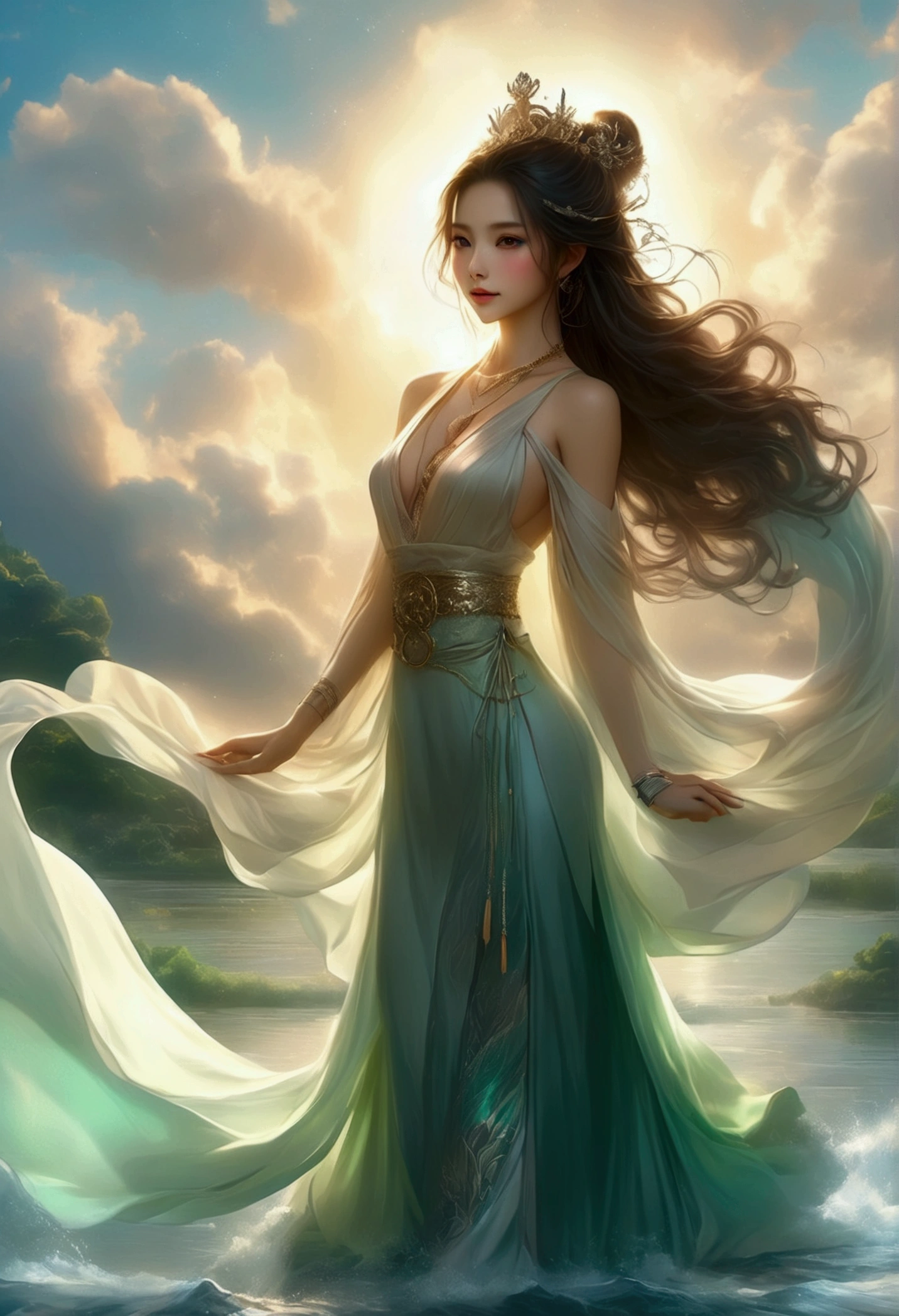 (((Beautiful goddess)))，Standing barefoot on a large lotus in the water，（（（The skin is green））），hand seal，crown，necklace，Yingluo，The ribbon flutters on him，Beautiful and delicate facial features，rosy, Smooth and delicate skin，Shoulder-length hair，barefoot，Perfect hands，Perfect feet，There is a circle of light behind the body，Full body front lighting，Radiant body，There are no shadows on the body，Clear skies，Rainbow in the sky，The wind blows the skirt，Characters shine，Depth and spatial hierarchy，Bright sky，glow，flame，Clean picture background、flat，Unique perspective，masterpiece，lifelike，Professional photography