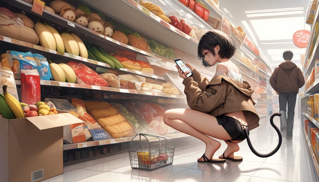 score_9,score_8_up,core_7_up, source_anime,whaletail, 1girl, ass, banana, bare shoulders, black hair, black panties, black shorts, box, brown eyes, brown jacket, cardboard box, cellphone, closed mouth, crop top, cropped jacket, feet, fingernails, flip-flops, food, food packaging, from behind, fruit, holding, holding food, hood, hooded jacket, indoors, jacket, looking down, off shoulder, panties, phone, profile, sandals, shade, shirt, shopping, shopping basket, short hair, short shorts, shorts, sleeves past elbows, smartphone, solo, squatting, string panties, stuffed animal, stuffed cat, stuffed toy, supermarket, thong, toenails, toes, underwear, white shirt
