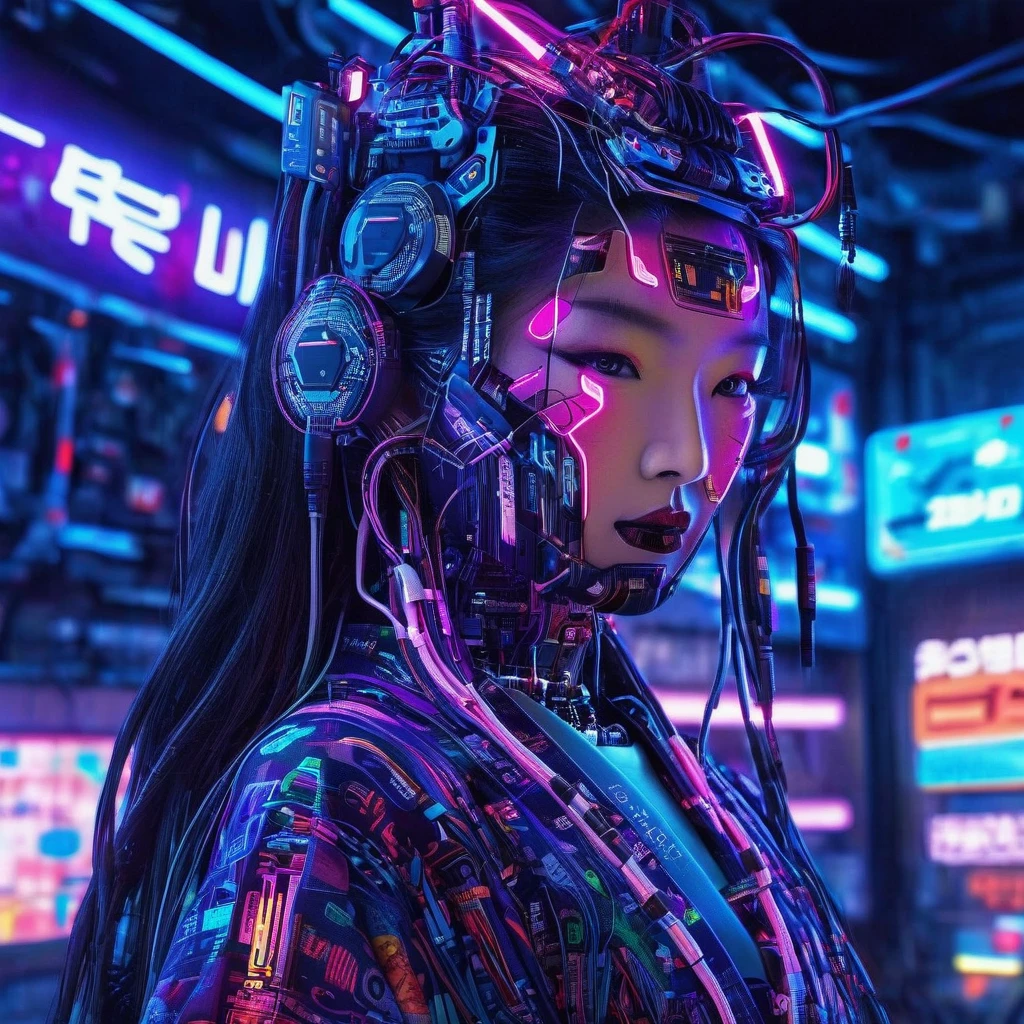 High technology, futuristic, cyborg girl, (photorealistic:1.4), long hair made of cables, robotic, lots of computer cables in the bacground, ultra high res, uhd, 8k, neon lights, japanese culture, kimono, jspanese demon