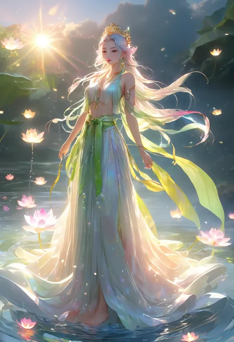 (((beautiful goddess)))，standing barefoot on a large lotus in the water，（（（the skin is green））），hand seal，crown，necklace，yingluo...