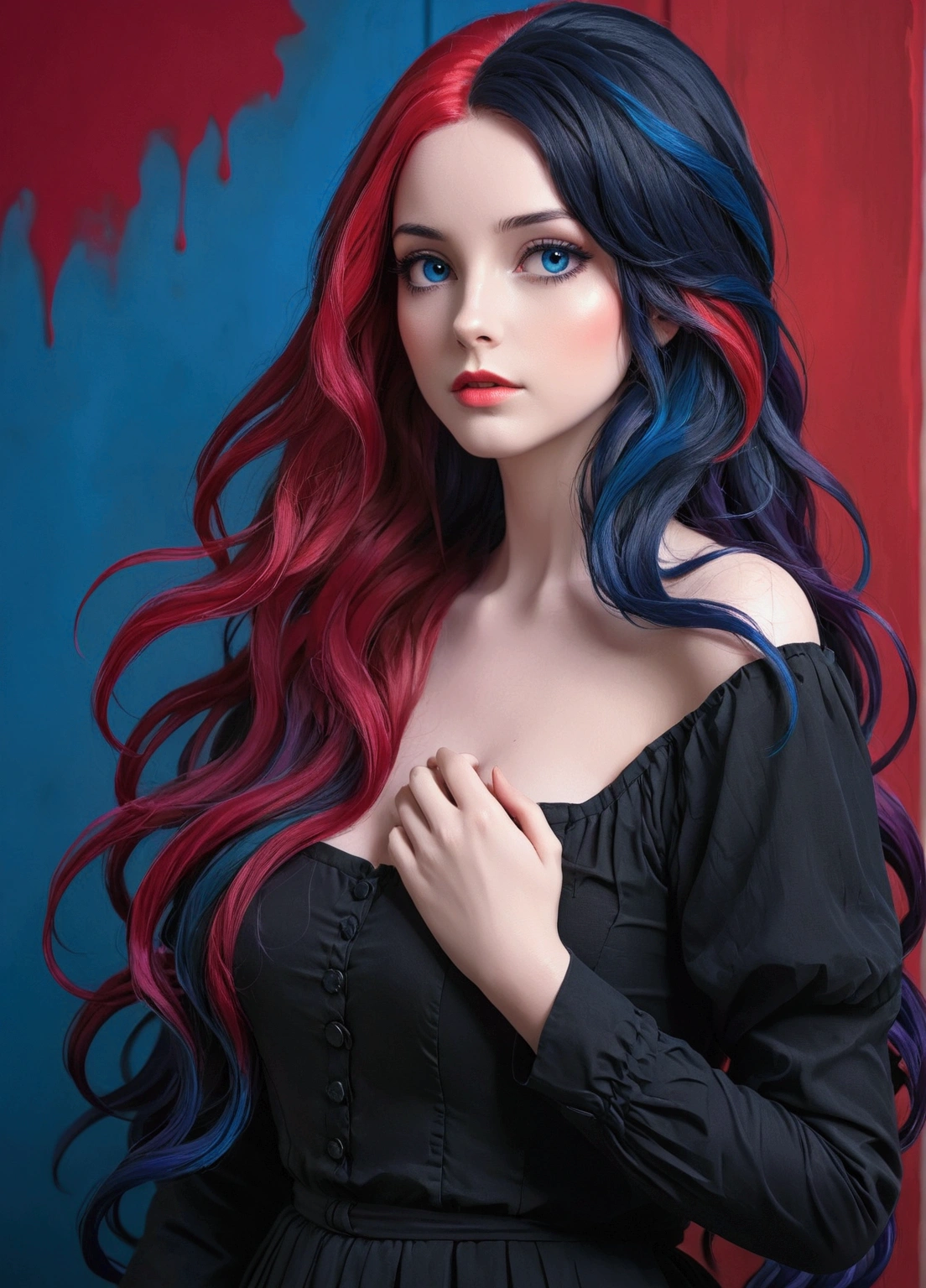 Woman with long black, blue and red hair 