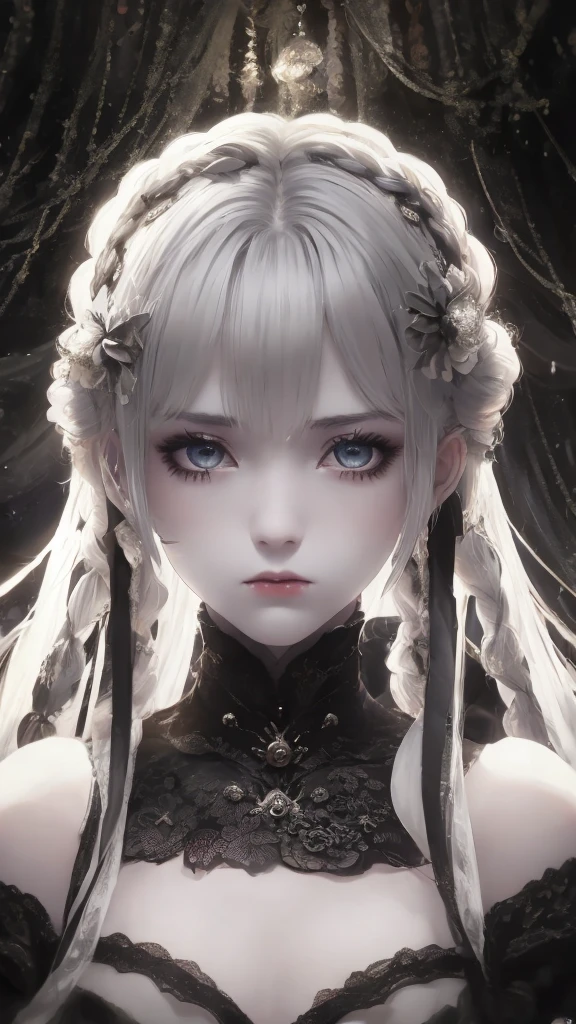 beautiful woman, ghost eyes, melancholy expression, wearing a black short lolita clothes, pale skin, night and fog, lolita clothes, dark light, dark garden, very detailed, UHD quality, 8k quality, (portrait), (braid Bun head whiteblack hair)