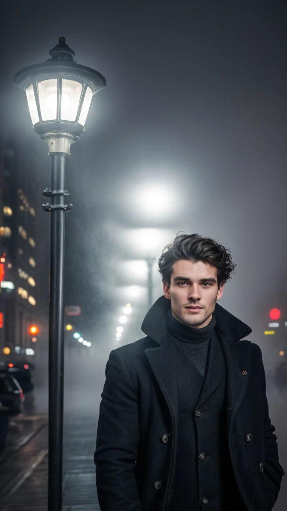 A handsome man with bright eyes,black flowy hair, natural beauty, handsome face,sharp jaw line, photogenic expression, wearing shirt and over coat, in a misty environment, evening time, near a street lamp, in a futuristic city, best quality photo, 16 k resolution, realistic, masterpiece, cinematic, ,penis, looking at camera seductively 