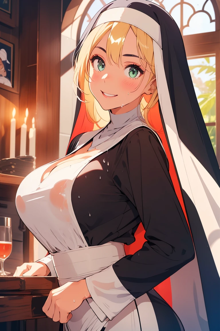 8k, cowboy shot, visual anime of a cute girl, best anime girl, Ecchi anime style, BREAK, seductive lady, (((long blonde hair, shiny hair ))), detailed eyes and face, Defined tabs, eyeshadow, crystal clear eyes, detailed lips, beautiful detailed eyes,  ojos color azul claro big breasts, tits, voluptuous, light visible, BREAK,   green eyes, by rubio, long shiny hair, big breasts, High resolution, beautiful detailed eyes, extremely detailed face, good lighting, Detailed CG, bright lips, BREAK, (((wearing a black nun&#39;s habit))), ((big cleavage round breasts)), black miniskirt,  black high heel sneakers, Black sheer tights, light, wet between the legs, wet on the breasts,  white panties, sweaty skin, in dynamic pose, smiling seductively at the viewer,  round butt, buttocks, turned,  BREAK, Smooth texture, thighs, feminine curves, perfect anatomy, Round tight ass and small crotch, Beautiful leg lines:1.3, thick thighs,  BREAK,  in a convent with stained glass windows. 