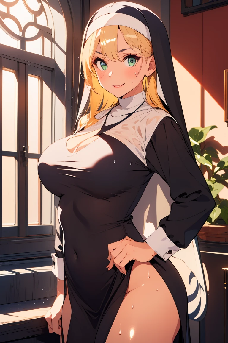 8k, cowboy shot, visual anime of a cute girl, best anime girl, Ecchi anime style, BREAK, seductive lady, (((long blonde hair, shiny hair ))), detailed eyes and face, Defined tabs, eyeshadow, crystal clear eyes, detailed lips, beautiful detailed eyes,  ojos color azul claro big breasts, tits, voluptuous, light visible, BREAK,   green eyes, by rubio, long shiny hair, big breasts, High resolution, beautiful detailed eyes, extremely detailed face, good lighting, Detailed CG, bright lips, BREAK, (((wearing a black nun&#39;s habit))), ((big cleavage round breasts)), black miniskirt,  black high heel sneakers, Black sheer tights, light, wet between the legs, wet on the breasts,  white panties, sweaty skin, in dynamic pose, smiling seductively at the viewer,  round butt, buttocks, turned,  BREAK, Smooth texture, thighs, feminine curves, perfect anatomy, Round tight ass and small crotch, Beautiful leg lines:1.3, thick thighs,  BREAK,  in a convent with stained glass windows. 