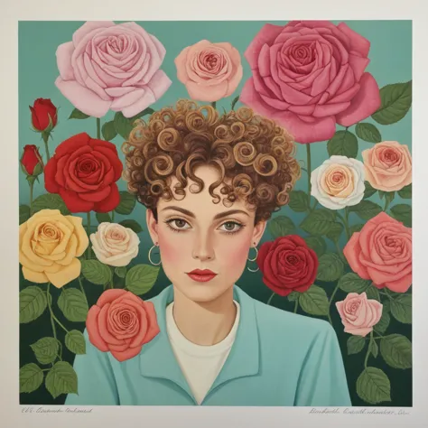 une femme à l'air fatigué avec des cheveux bleus et roses et un chapeau blanc, cheveux roses et bleus, couleurs pastel saturées,...