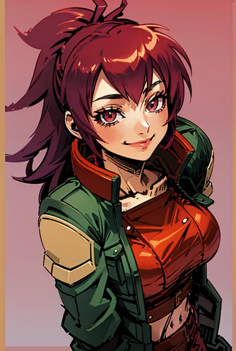 create a smiling leona wearing a dark colored jacket with red details.