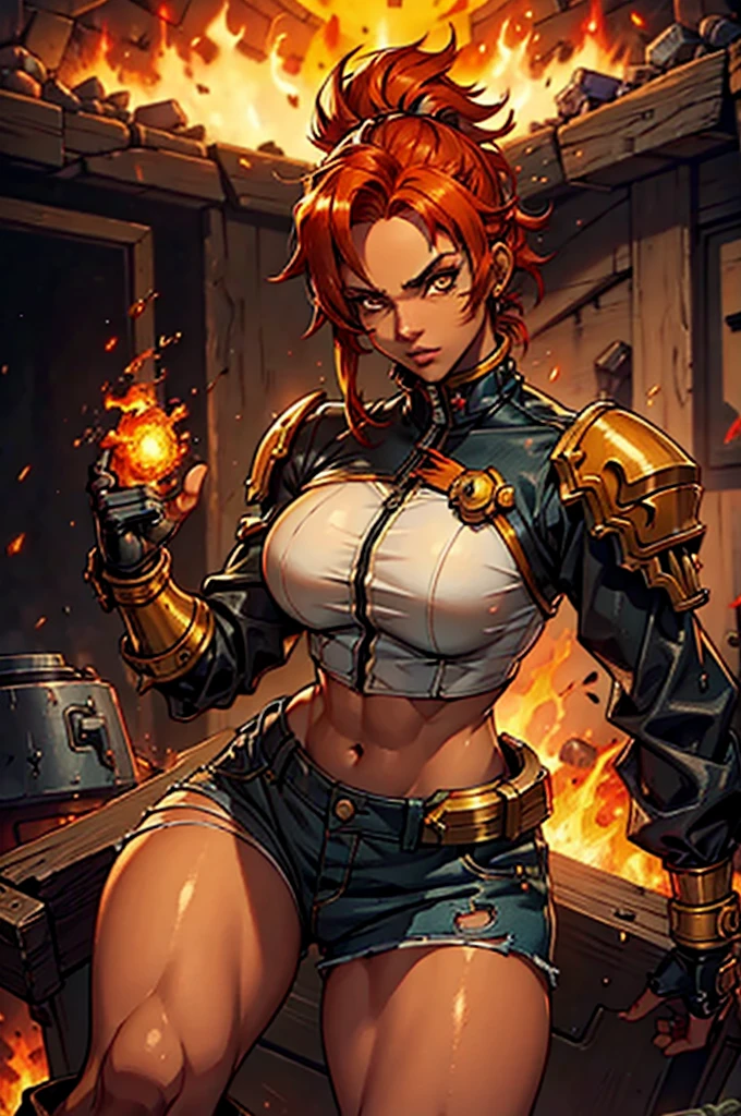 female, fit, warhammer 40k, portrait, fire hair, crazy, tanned, fire
