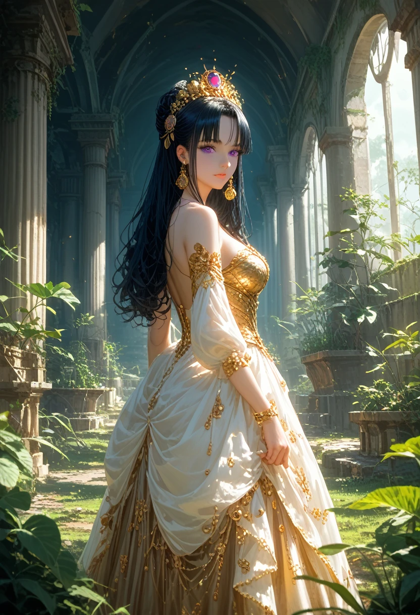 Anime girl, gorgeous, sexy, Ideal Anatomy, Lush Long Very Black Hair Color Black, Big Beautiful Purple Eyes, Vines and Lianas, Ancient ruins, month, grass, Ruins, Unknown Plants Many, Various Plants, Unusual Plants, Dressed in Fashionable Youthful Outfit, barrette, Very Beautiful and Colorful, there are decorations, The moon is visible, Moonlight Falls on the Girl, Dynamic shadows, many small details, Various Small Stuff, gold jewelry, Beckons, temptation, Clear, Well-Detailed Picture, complex picture, masterpiece, Maximum Quality, full detailed, score_9, score_8_up, score_7_up, dramatic lighting, highly detailed, high budget, bokeh, cinemascope, moody, epic, gorgeous, film grain, grainy, masterpiece, best quality, perfect anatomy, very aesthetic, official art, 8k, Shine, novuschroma70 style, magic of painting, Nice Colors Shadows, my vision dream,