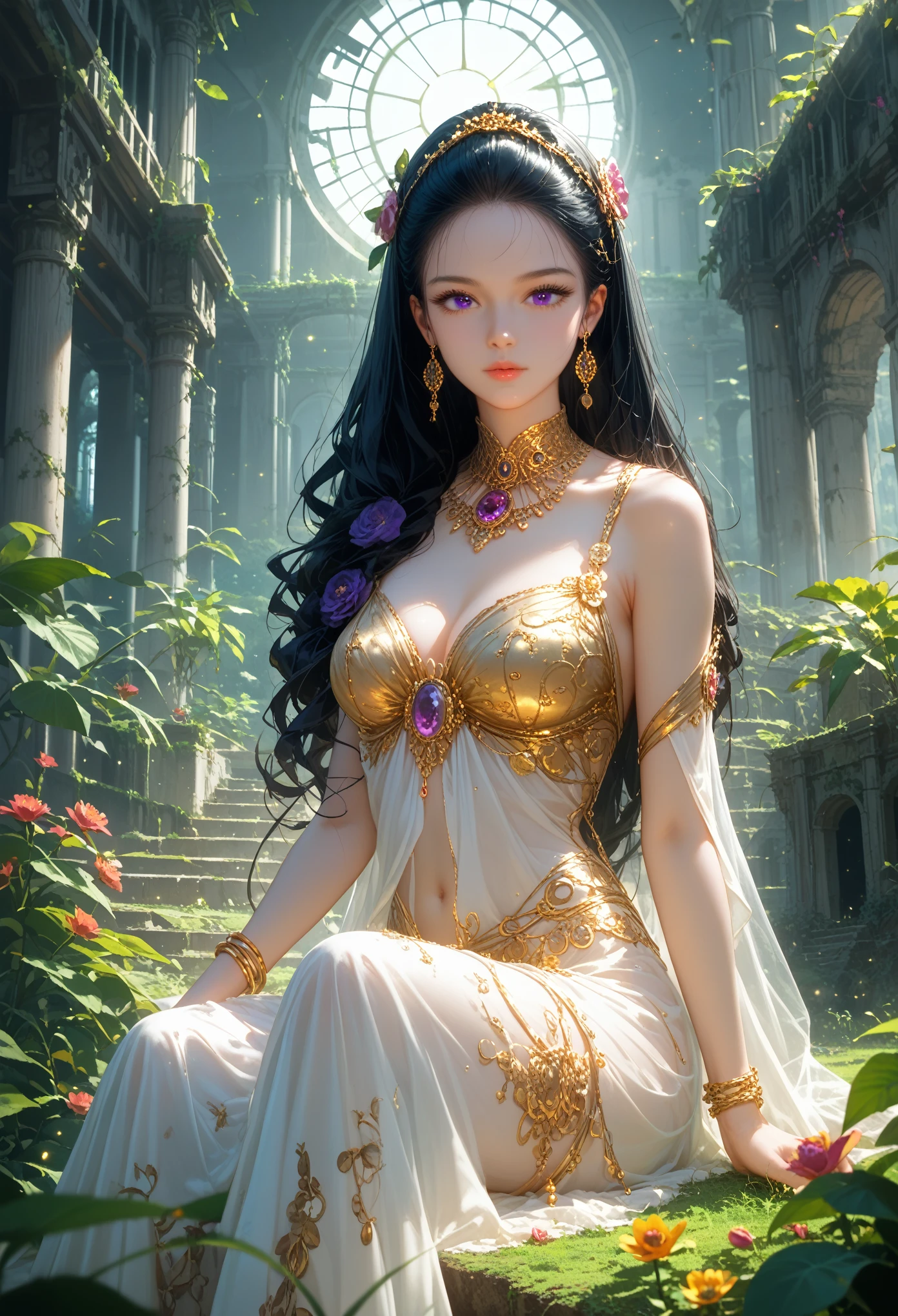 Anime girl, gorgeous, sexy, Ideal Anatomy, Lush Long Very Black Hair Color Black, Big Beautiful Purple Eyes, Vines and Lianas, Ancient ruins, month, grass, Ruins, Unknown Plants Many, Various Plants, Unusual Plants, Dressed in Fashionable Youthful Outfit, barrette, Very Beautiful and Colorful, there are decorations, The moon is visible, Moonlight Falls on the Girl, Dynamic shadows, many small details, Various Small Stuff, gold jewelry, Beckons, temptation, Clear, Well-Detailed Picture, complex picture, masterpiece, Maximum Quality, full detailed, score_9, score_8_up, score_7_up, dramatic lighting, highly detailed, high budget, bokeh, cinemascope, moody, epic, gorgeous, film grain, grainy, masterpiece, best quality, perfect anatomy, very aesthetic, official art, 8k, Shine, novuschroma70 style, magic of painting, Nice Colors Shadows, my vision dream,