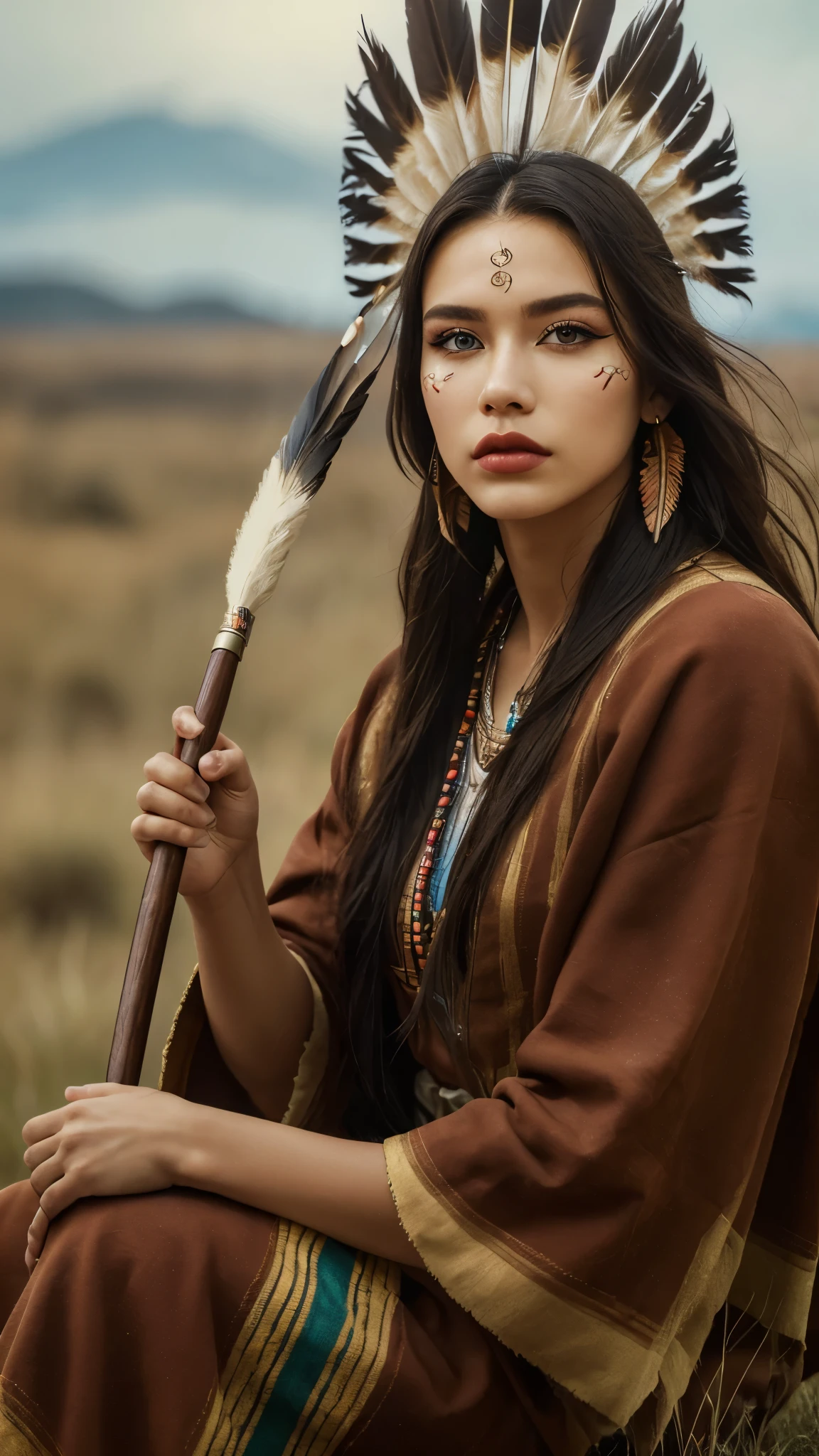 ((high detailed, best quality, 4k, masterpiece, hd:1.3)), ((best quality)), (((HD))), (((8k))), (ultraDH), (ultra HD), full-body photo, a native amarican woman, sitting in open grassland, apache leather boots, wearing stereotypical feathered native american garb, smoking a peace pipe, gorgeous scenery, cinematography in style of peter jackson, (from afar:1.4), (beautiful face:1.6), (heavy colorful makeup), (perfect hands, perfect anatomy)