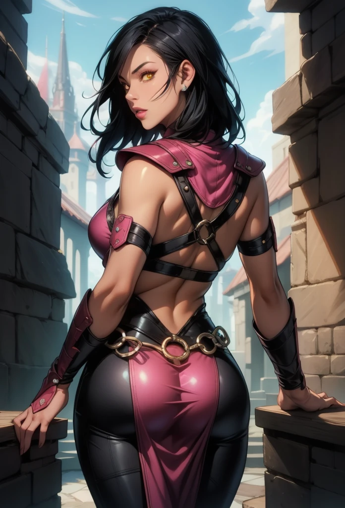 perfect eyes:1.2, detailed eyes:1.4, Mileenamk10, Mileena, lips, exposed cheek, extra teeth, black hair, medium hair, yellow eyes, slit pupils, glowing eyes, hair over one eye, pink top, o-ring, stitched, leather armor, tight black pants, pelvic curtain, sash, chain belt, cowboy shot, 1girl, solo, (masterpiece:1.6, best quality), 8k, insane details, intricate details, hyperdetailed, hyper quality, high detail, ultra detailed, professional, HDR, ray tracing reflection, cinematic lighting,