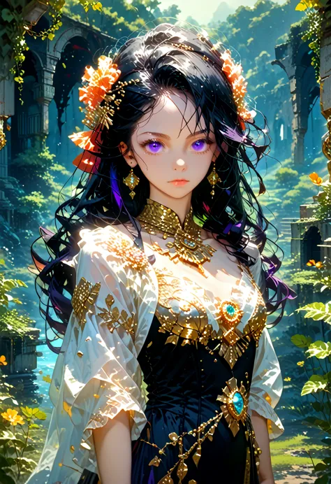 anime girl, gorgeous, sexy, ideal anatomy, lush long very black hair color black, big beautiful purple eyes, vines and lianas, a...